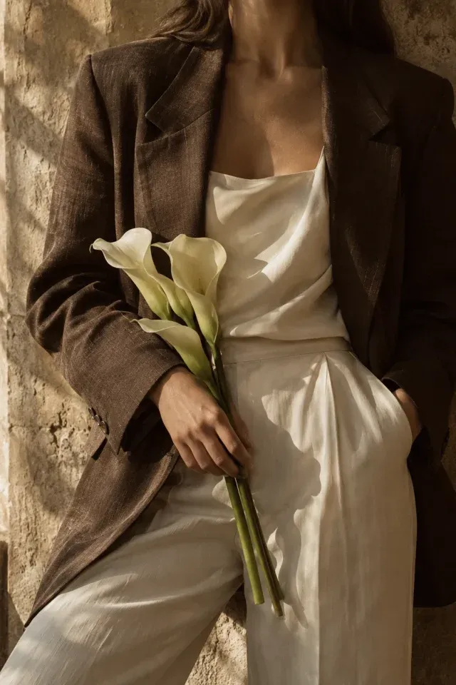 Gegenereerd modebeeld: bruin linnen jasje en witte bloemen