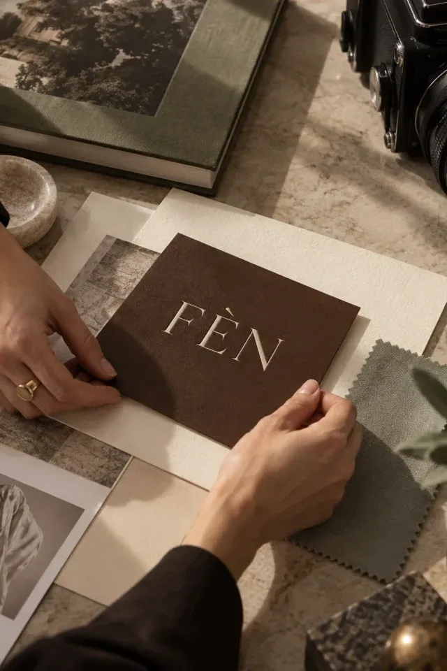 AI-conceptbeeld: FÈN-moodboard met drukwerk en materiaalstalen